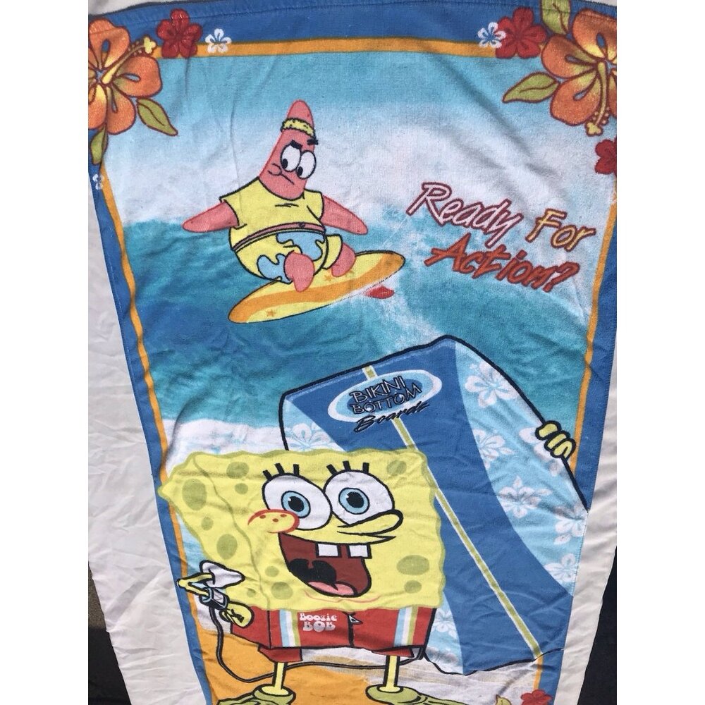 Vtg Y2K SpongeBob Ready Action Beach Towel Nickelodeon 28”x53” Surfboards Retro